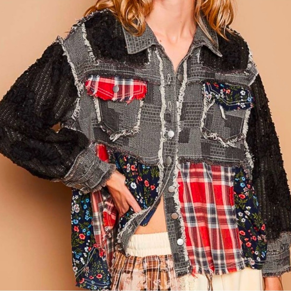 POL Bohemian plaid lace jacket shacket S,M,L